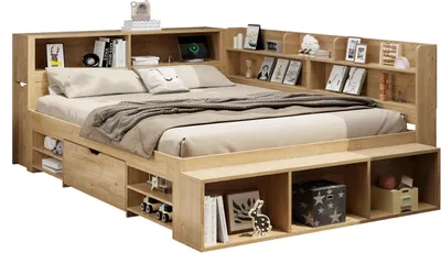 Produktbild von AIORBER Multifunktionales Kinderbett 90x200/140x200 cm, Stauraumbett mit Schubladen, Regal, Stauschrank, Lattenrost, ohne Matratze, Natur