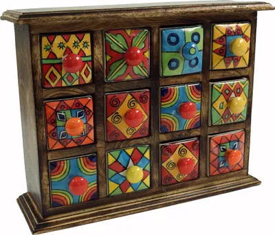 Produktbild von Apothekerschränkchen mit Bunten Keramik Schubfächern, Gewürzkiste - 4*3 Fächer Modell 2, Braun, Holz, 25*31*10 cm, Dosen, Boxen & Schatullen