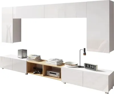 Produktbild von All4All Wohnwand 300 cm , Wohnzimmer Möbel , Modern Schrankwand , Tv Wohnwand , Weiß & Gold Eiche 300 x 117 x 32 cm