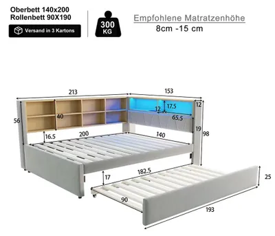 Imagen del producto de Sofá cama - Cama extensible de 90 x 190 cm - Dos plazas - Tapizado en terciopelo - Con espacio de almacenamiento - Con enchufes integrados - Gris claro