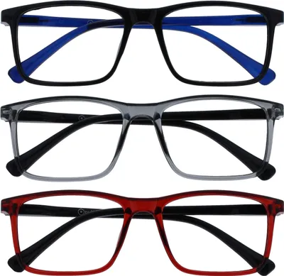 Produktbild von OPULIZE Ink Lesebrille - 3er Pack - Großer Rechteckiger Rahmen - Kratzfest Schwarze Grau Rot Herren Damen - Federscharniere - RRR4-17Z - +2.50 3er-pack - Schwarz / Grau / Rot 2.5 x