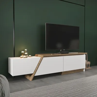 Obrázok produktu pre Skye Decor, moderný TV stolík, 180 cm, biela a orechová farba, výška 28,6 cm, hĺbka 35 cm | 100 % melamínom potiahnutá drevotriesková doska, hrúbka 18 mm | Elegantný dizajn pre váš domov.