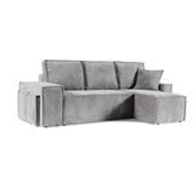 Zdjęcie produktu dla Jasnoszara narożna sofa z funkcją spania i dwoma pufami z tkaniny bouclé COLINS 259 cm