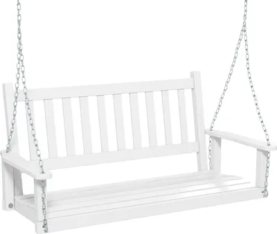 Produktbild von KOMFOTTEU Hängebank aus Pappelholz, 2-3-Sitzer Schaukelbank mit verstellbaren Metallketten, Hängestuhl mit Rückenlehne aus Lamellen, (Weiß)