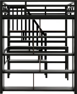 Zdjęcie produktu dla Łóżko piętrowe, rama żelazna, z biurkiem, półką, listwą LED, schodami z miejscem do przechowywania, bez materaca, 140 x 200 cm, czarne