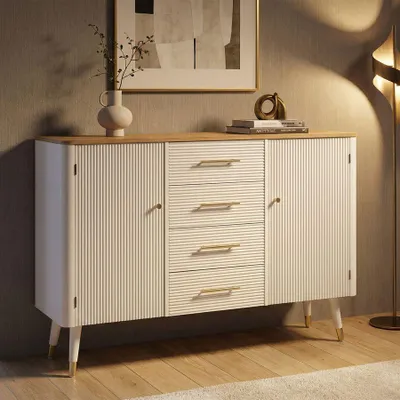 Zdjęcie produktu dla Szafka z białego i brązowego drewna z drzwiczkami i szufladami 117x37x90 cm