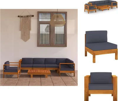 Produktbild von vidaXL 7-tlg. Garten-Lounge-Set mit Dunkelgrauen Auflagen Akazienholz -  Gartenmöbel-Sets