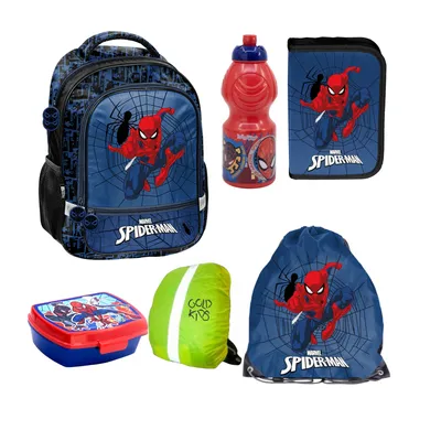 Obrázok produktu pre Goldkids - Školský batoh pre chlapcov, sada 6 kusov - Školský batoh pre deti s peračníkom - obedárom a fľašou na pitie - Spiderman Marvel