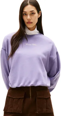 Immagine prodotto di Felpa da donna Tommy Hilfiger, modello Classic Script, in tessuto felpato, con scollo a girocollo, color viola