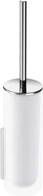 A white toilet brush holder with a silver handle and lid, shown against a white background.