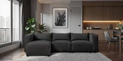 Produktbild von Ecksofa Designersofa NEVIO in Stoff Lincoln Schwarz Ottomane Links