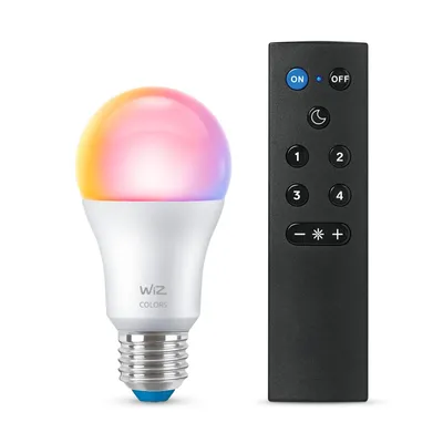 A smart light bulb and its remote control are displayed against a white background.