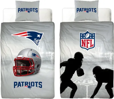 Two sides of a New England Patriots themed bedding set, one showing a helmet and logo, the other showing football players in silhouette.