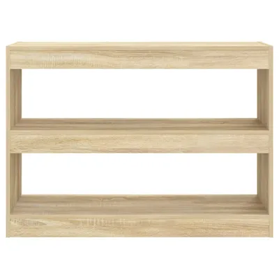 A simple, front-facing view of a two-shelf wooden bookcase or room divider.
