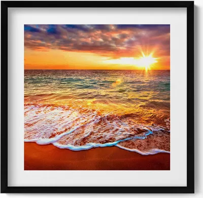 Produktbild von Wellen des Meeres bei Sonnenuntergang– Wandbild mit Rahmen – Gerahmtes Bild  – Wanddekoration – 50x50 cm –  Schwarz Rahmen