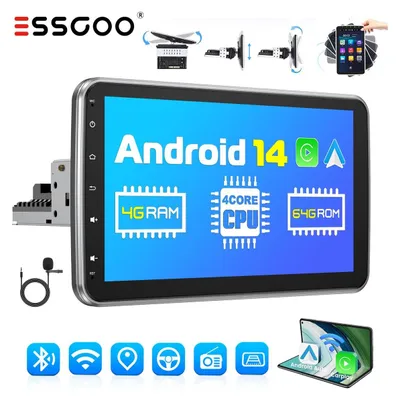 Produktbild von Autoradio 1 DIN 10 Zoll Touchscreen drehbar Android 14 Carplay Android Auto Bluetooth GPS Navigation Freisprechanlage 4 GB RAM 64 GB Speicher UKW Radio