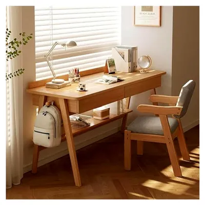 Produktbild von Sekretär aus massivem Holz mit zwei Schubladen, praktischer Schreibtisch für das Home-Office, kleiner Computertisch (Holzfarbe, 100 x 60 x 75)