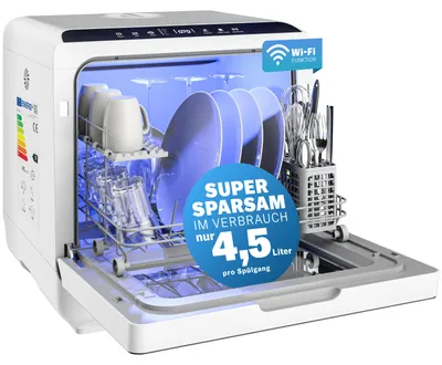 Produktbild von MONZANA® Tischspülmaschine ohne Wasseranschluss App Funktion sparsamer Verbrauch 4,5L 6 Programme 4 Gedecke 45cm Mini Geschirrspüler Spülmaschine Weiß