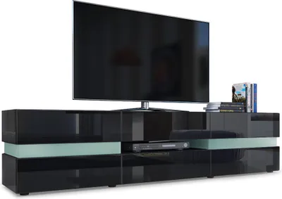 Produktbild von Vladon Lowboard Flow,  Germany, TV-Kommode mit Ambient Light Verglasung mit 2 Türen, 1 Schublade und 1 Klappe, Schwarz Hochglanz/Schwarz Hochglanz (177 x 45 x 39 cm)