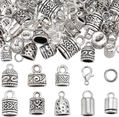 Produktbild von Kordendkappen, 230 Stück - Antiksilberfarbene Kordendkappen - Karabinerverschlüsse - Springringe - Schmuckbastelset - Legierungsmaterial - Schmuckzubehör