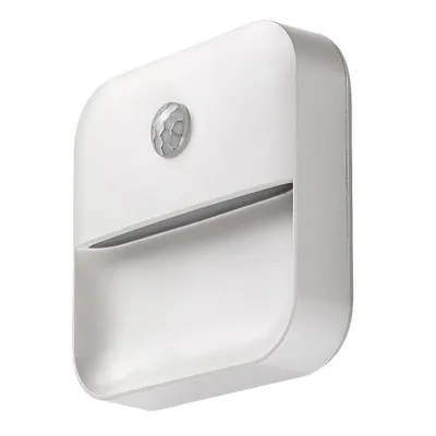 A white square-shaped motion-activated light with a gray sensor.