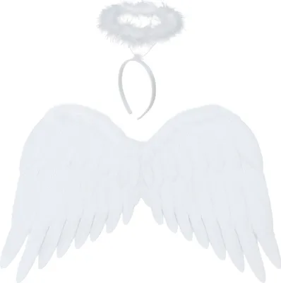 A white angel wing and halo costume set against a white background.