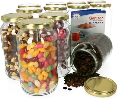 A collection of glass jars filled with various items, including nuts, jelly beans, and coffee beans, with a product label in the background.