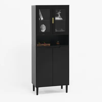 A black tall cabinet with glass doors on top and solid doors on the bottom, displayed against a white background.