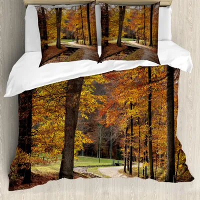 Produktbild von ABAKUHAUS Herbst Bettbezugs Set Für Doppelbetten, Düsterer Tag Forest Path, Milbensicher Allergiker geeignet mit Kissenbezügen, Siegel Braun Ringelblume und Bernstein