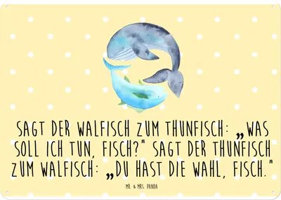 Produktbild von Mr. & Mrs. Panda Wandschild Walfisch Thunfisch DIN A4 - Gelb Pastell - Geschenk, Schild, Retro Blechschild, Spruch Lustig, tafel, Wal, Vintage, Witz, Blechtafel, Tunfisch