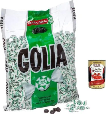 Produktbild von Golia Farfallina Gummibonbons, Lakritzgeschmack, Süßigkeiten Bonbon einzeln in einem 1kg + Italian Gourmet polpa 400g