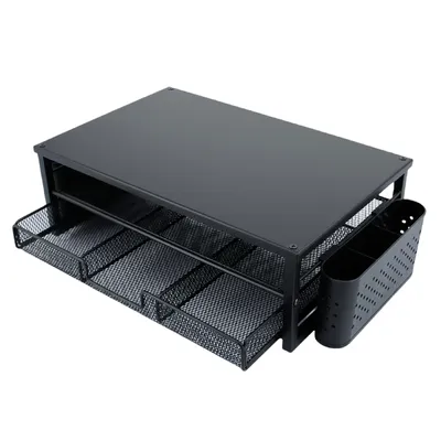 Obrázek produktu pro Kovový stojan na monitor s policí, stolní organizér, výškově nastavitelný, vysoká nosnost, přehledné uložení, černý