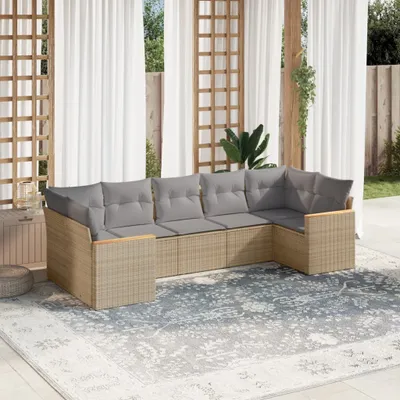 Produktbild von Design 7-tlg. Garten-Sofagarnitur mit Kissen Beige Poly Rattan, Gartenmöbel-Sets 2024 Neu