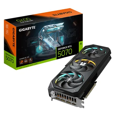 A Gigabyte GeForce RTX 5070 graphics card and its retail packaging are displayed against a white background.