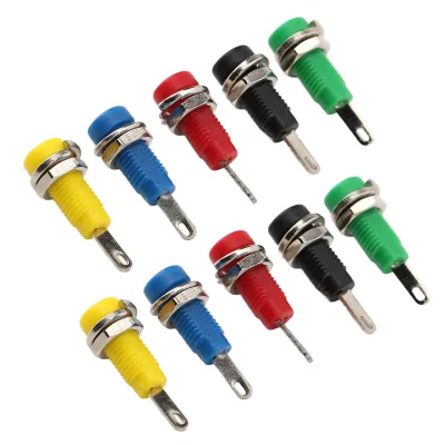 A collection of colorful banana jack connectors arranged diagonally on a white background.