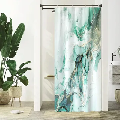 Produktbild von Grüner Duschvorhang, schmaler Duschvorhang 90 x 180 cm, schimmelresistent, Marmoroptik, türkis marmoriert, modern, waschbar, wasserdichter Polyester-Duschvorhang mit 6 Haken fürs Badezimmer