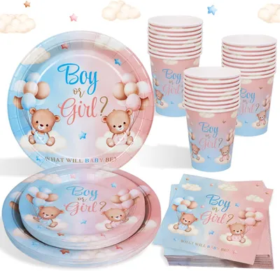Productafbeelding van Gender reveal Party decoratie partygechr set voor 24 gasten - Set van 96 - Babyshower Herbruikbare papieren borden