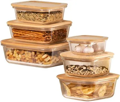 Immagine prodotto di Set di 6 contenitori per alimenti in vetro con coperchi in bambù, diverse dimensioni, senza odori, ermetici, lavabili in lavastoviglie e adatti al microonde, resistenti al forno
