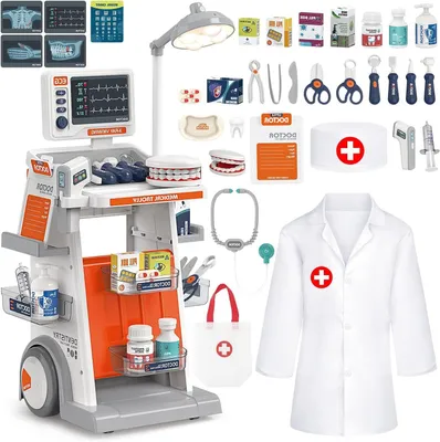 Immagine prodotto di Kit del dottore per bambini - Carrello medico - Gioco di ruolo - Con luci e elettrocardiogramma - 34 pezzi - Bianco