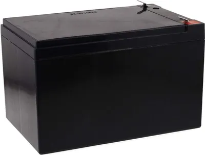A black rectangular battery is shown from a slightly elevated side angle against a white background.