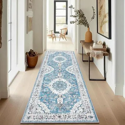 Productafbeelding van Famanu loopmat 60 x 180 cm, zacht, antislip, blauw, laagpolig, klassiek design, wasbaar