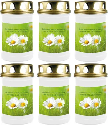 Produktbild von Grabkerze Weiß 6er Pack, Brenndauer: 48 Stunden ( je Kerze ), Motiv: Gänseblümchen