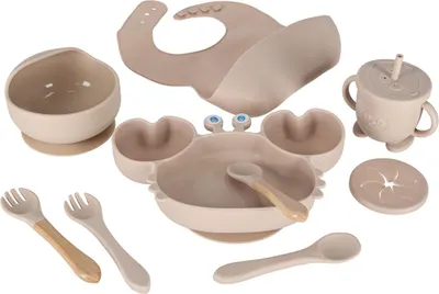 Image de Vaisselle en silicone pour bébé crabe 9 pièces beige