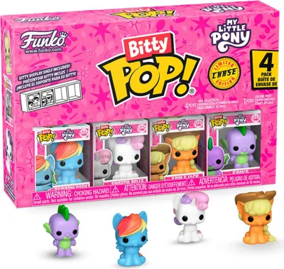 A Funko Bitty POP! My Little Pony 4-pack box with individual figures displayed inside and outside the packaging.