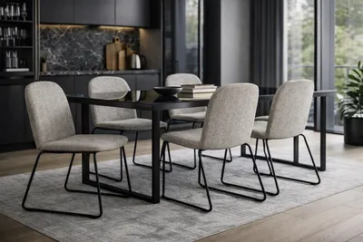 Productafbeelding van Gestoffeerde stapelbare stoel LEXO beige met zwart frame, modern voor de eetkamer, AI-gegenereerde afbeelding