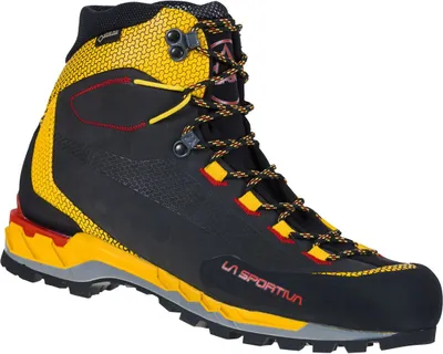 Schwarze und gelbe Bergschuhe "Trango Tech Leather Gtx" von La Sportiva mit Schnürung und griffiger Sohle.