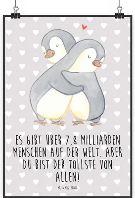 Produktbild von Mr. & Mrs. Panda Bild Pinguine Kuscheln DIN A1 - Grau Pastell - Geschenk, Jahrestag, Wandbild, für Frauen, Plakat, Mitbringsel, Freundin, drucke, Hochzeitstag, wanddeko