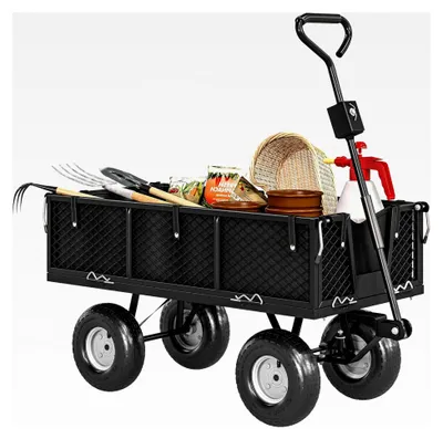 Produktbild von Gartenwagen mit 300 kg Tragfähigkeit, Transportwagen mit Luftreifen, herausnehmbarer Plane, Griff, Rädern und Lenkachse, Handwagen für Garten und Haus, 114 L Gerätewagen in Schwarz