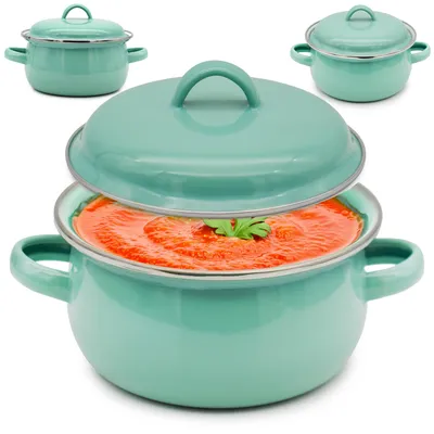 Zdjęcie produktu dla Rondelek z Uchwytami i Pokrywką 600ml Seledynowy Garnuszek Emaliowany 12cm