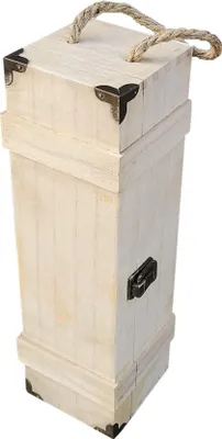 A wooden box for a single bottle of wine, with a rope handle and metal corner protectors and latch.